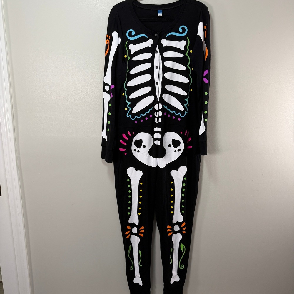 Old Navy Womens XL Skeleton Pajamas Sugar Skull Halloween One Piece Sleeper